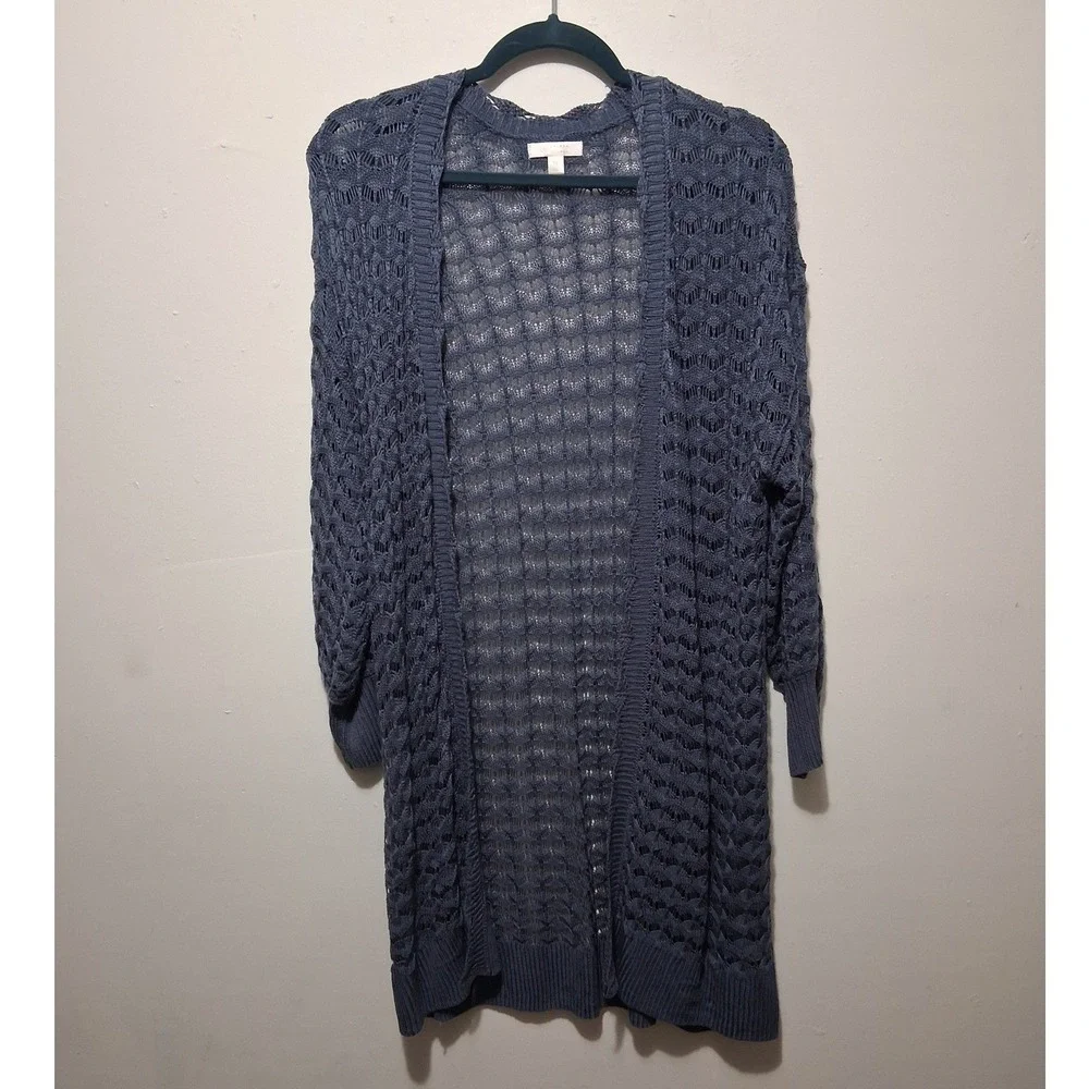 LC Lauren Conrad Blue Gray Open Knit Pointelle Longline Cardigan Sweater Medium